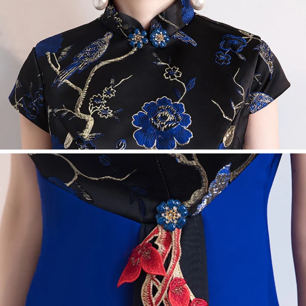 Fashion Royal Blue Cheongsam / Qipao 2020 A-Line / Princess High Neck Short Sleeve Embroidered Flower Floor-Length / Long Formal Dresses