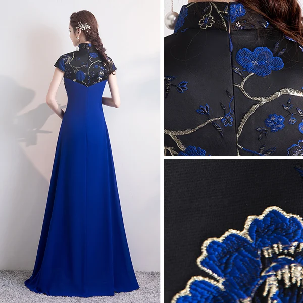 Fashion Royal Blue Cheongsam / Qipao 2020 A-Line / Princess High Neck Short Sleeve Embroidered Flower Floor-Length / Long Formal Dresses