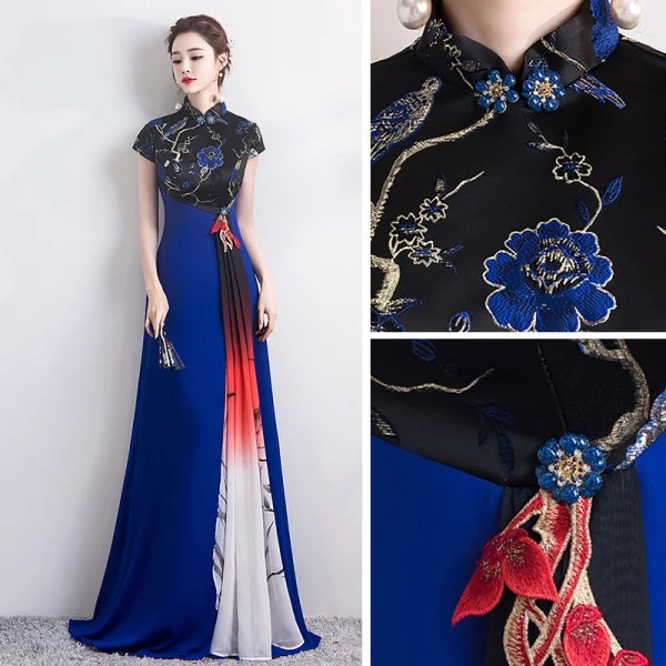 Fashion Royal Blue Cheongsam / Qipao 2020 A-Line / Princess High Neck Short Sleeve Embroidered Flower Floor-Length / Long Formal Dresses