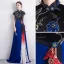 Fashion Royal Blue Cheongsam / Qipao 2020 A-Line / Princess High Neck Short Sleeve Embroidered Flower Floor-Length / Long Formal Dresses