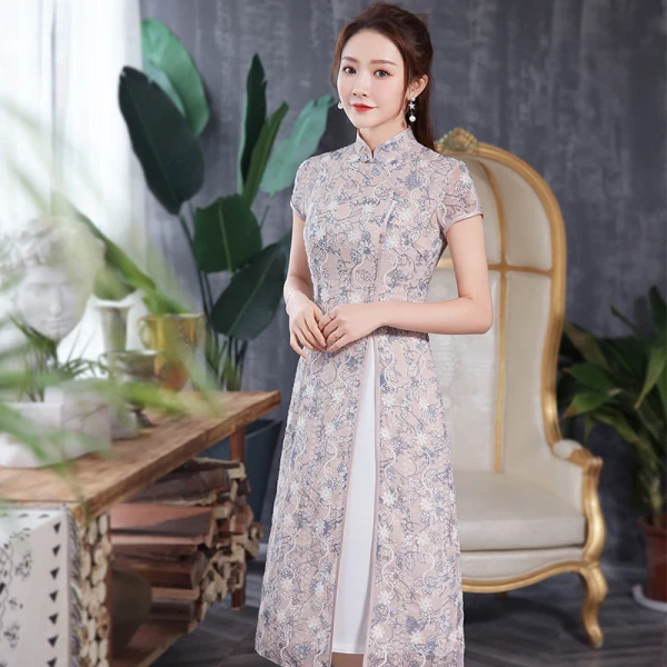 Style Chinois Beige Cheongsam 2020 Gaine / Ajustement Col Haut Manches Courtes Impression Fleur Thé Longueur Robe De Ceremonie