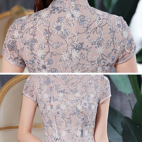 Style Chinois Beige Cheongsam 2020 Gaine / Ajustement Col Haut Manches Courtes Impression Fleur Thé Longueur Robe De Ceremonie