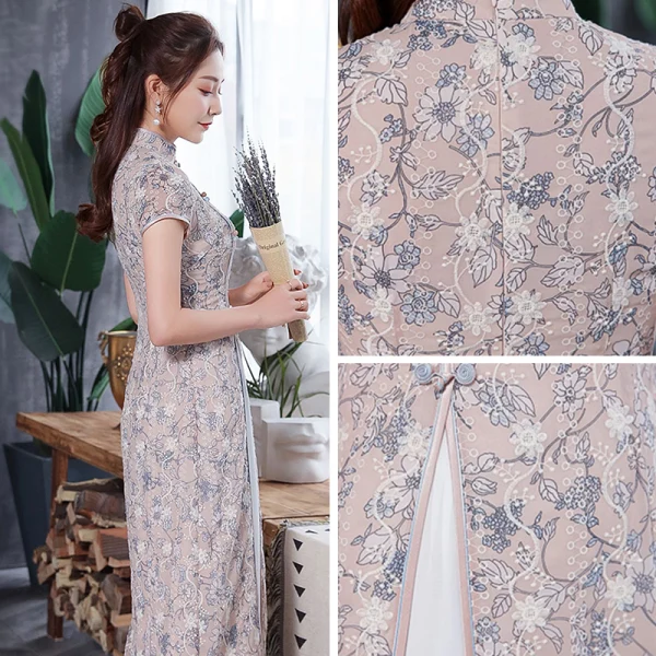 Style Chinois Beige Cheongsam 2020 Gaine / Ajustement Col Haut Manches Courtes Impression Fleur Thé Longueur Robe De Ceremonie