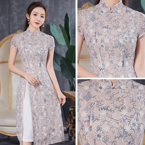 Style Chinois Beige Cheongsam 2020 Gaine / Ajustement Col Haut Manches Courtes Impression Fleur Thé Longueur Robe De Ceremonie