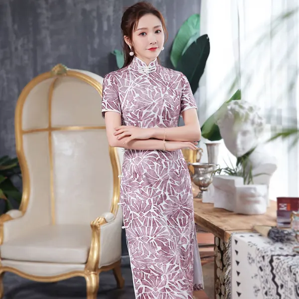 Chinese style Grape Cheongsam / Qipao 2020 High Neck Short Sleeve Printing Flower Polyester Tea-length Formal Dresses