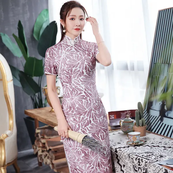 Chinese style Grape Cheongsam / Qipao 2020 High Neck Short Sleeve Printing Flower Polyester Tea-length Formal Dresses