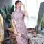 Chinese style Grape Cheongsam / Qipao 2020 High Neck Short Sleeve Printing Flower Polyester Tea-length Formal Dresses