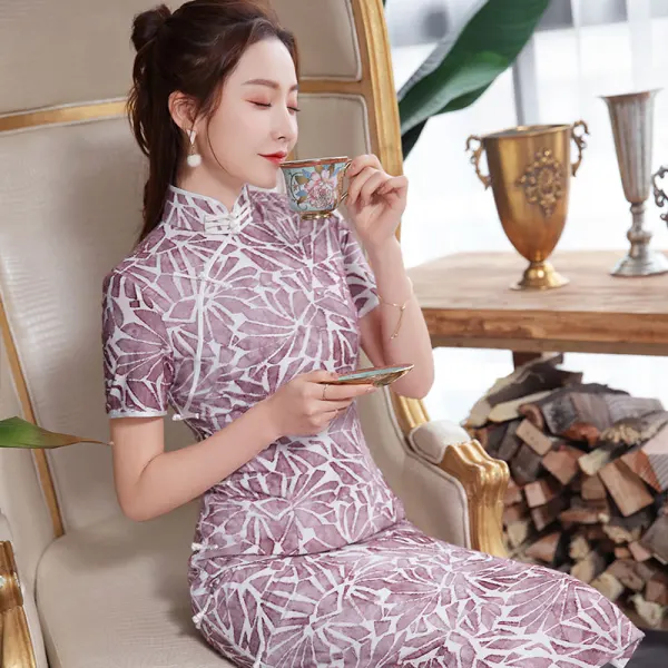 Chinese style Grape Cheongsam / Qipao 2020 High Neck Short Sleeve Printing Flower Polyester Tea-length Formal Dresses