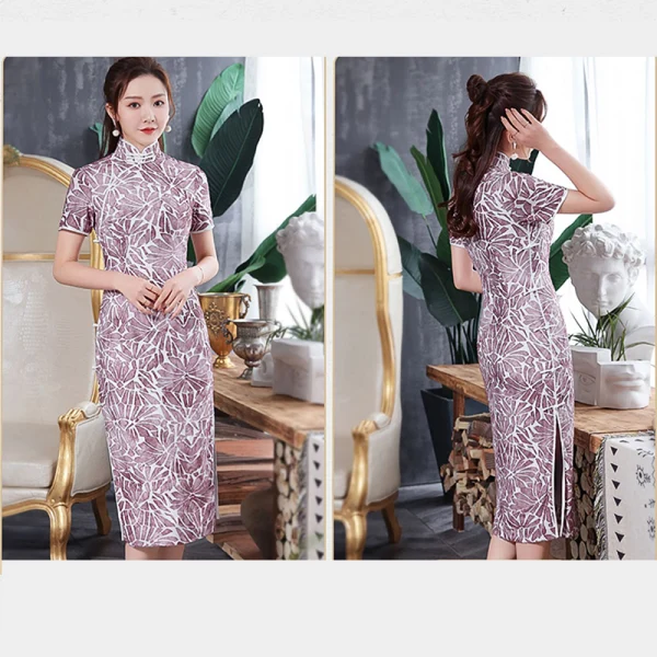Chinese style Grape Cheongsam / Qipao 2020 High Neck Short Sleeve Printing Flower Polyester Tea-length Formal Dresses