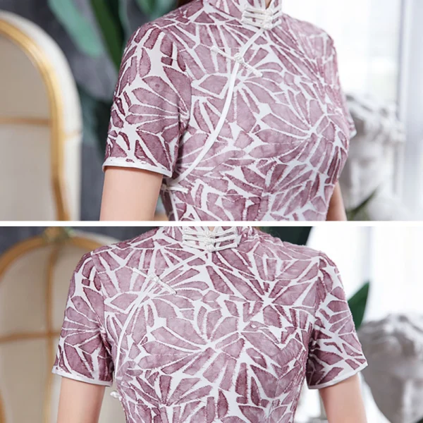 Chinese style Grape Cheongsam / Qipao 2020 High Neck Short Sleeve Printing Flower Polyester Tea-length Formal Dresses