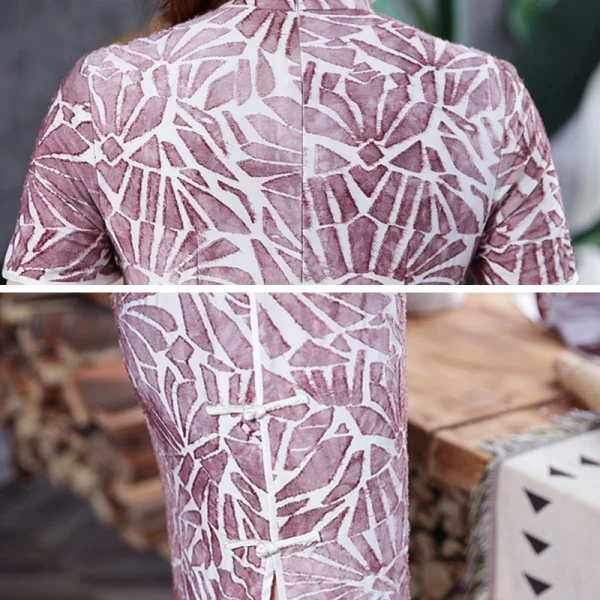 Chinese style Grape Cheongsam / Qipao 2020 High Neck Short Sleeve Printing Flower Polyester Tea-length Formal Dresses