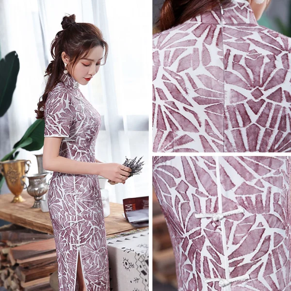 Chinese style Grape Cheongsam / Qipao 2020 High Neck Short Sleeve Printing Flower Polyester Tea-length Formal Dresses