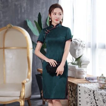 High End Dark Green Jacquard Cheongsam Qipao 2020 Sheath Fit High Neck Short Sleeve Knee Length Formal Dresses