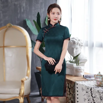 High End Dark Green Jacquard Cheongsam Qipao 2020 Sheath Fit High Neck Short Sleeve Knee Length Formal Dresses