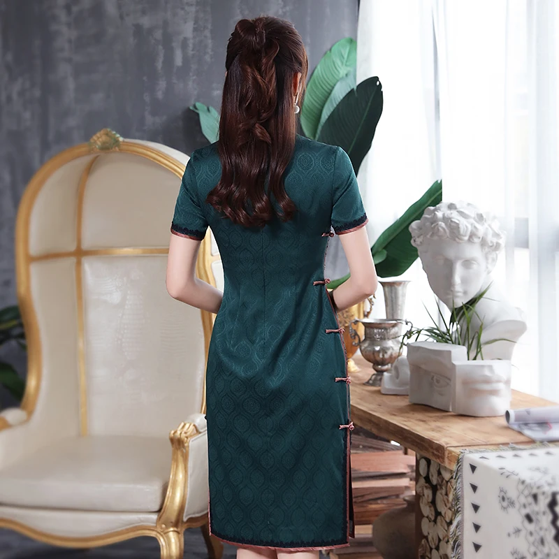 slim fit dress slacks Dark Green Gold Jacquard Satin Mother of Bride Dress main image 0