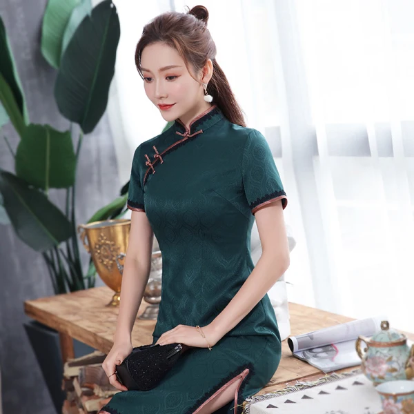 High-end Dark Green Jacquard Cheongsam / Qipao 2020 Sheath / Fit High Neck Short Sleeve Knee-Length Formal Dresses