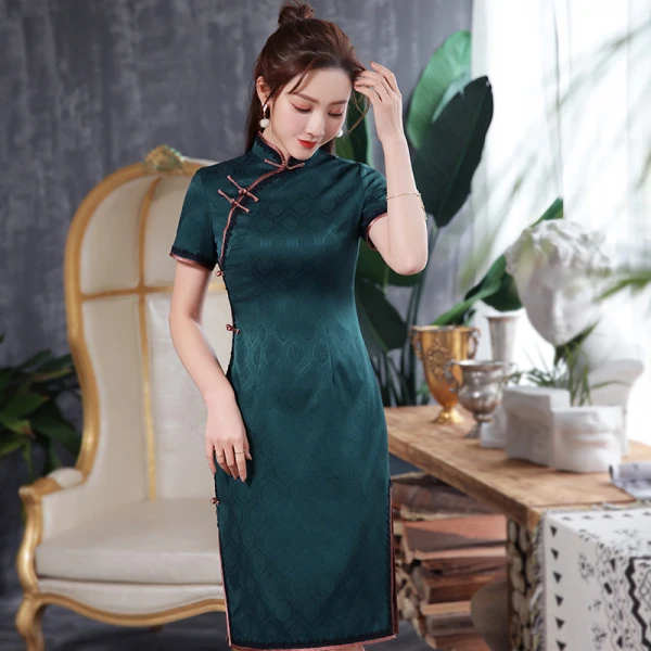 High-end Dark Green Jacquard Cheongsam / Qipao 2020 Sheath / Fit High Neck Short Sleeve Knee-Length Formal Dresses High-end Dark Green Jacquard Cheongsam / Qipao 2020 Sheath / Fit High Neck Short Sleeve Knee-Length Formal Dresses