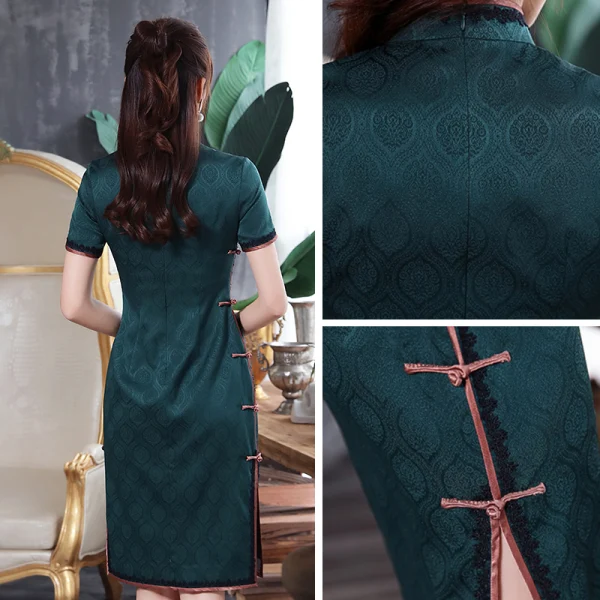 High-end Dark Green Jacquard Cheongsam / Qipao 2020 Sheath / Fit High Neck Short Sleeve Knee-Length Formal Dresses