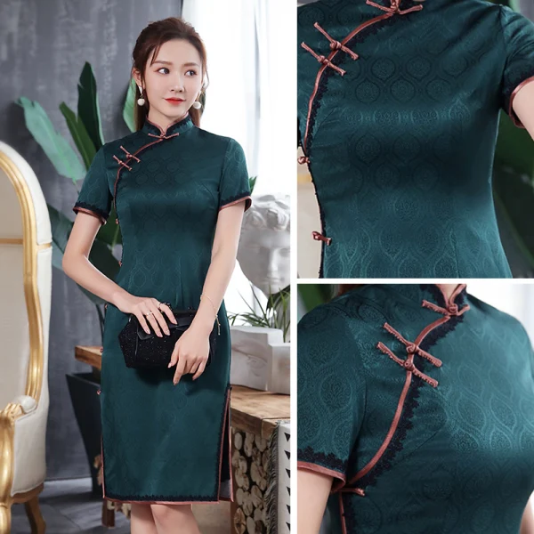 High-end Dark Green Jacquard Cheongsam / Qipao 2020 Sheath / Fit High Neck Short Sleeve Knee-Length Formal Dresses