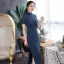 Chinese style Navy Blue Lace Cheongsam / Qipao 2020 High Neck Short Sleeve Tea-length Formal Dresses