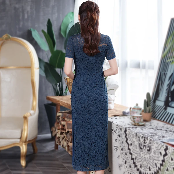 Chinese style Navy Blue Lace Cheongsam / Qipao 2020 High Neck Short Sleeve Tea-length Formal Dresses