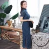 Chinese style Navy Blue Lace Cheongsam / Qipao 2020 High Neck Short Sleeve Tea-length Formal Dresses