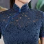 Chinese style Navy Blue Lace Cheongsam / Qipao 2020 High Neck Short Sleeve Tea-length Formal Dresses