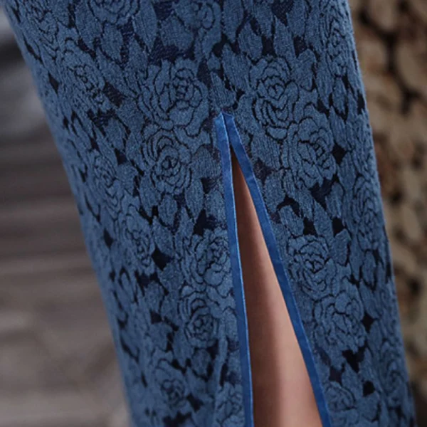 Chinese style Navy Blue Lace Cheongsam / Qipao 2020 High Neck Short Sleeve Tea-length Formal Dresses