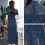 Chinese style Navy Blue Lace Cheongsam / Qipao 2020 High Neck Short Sleeve Tea-length Formal Dresses
