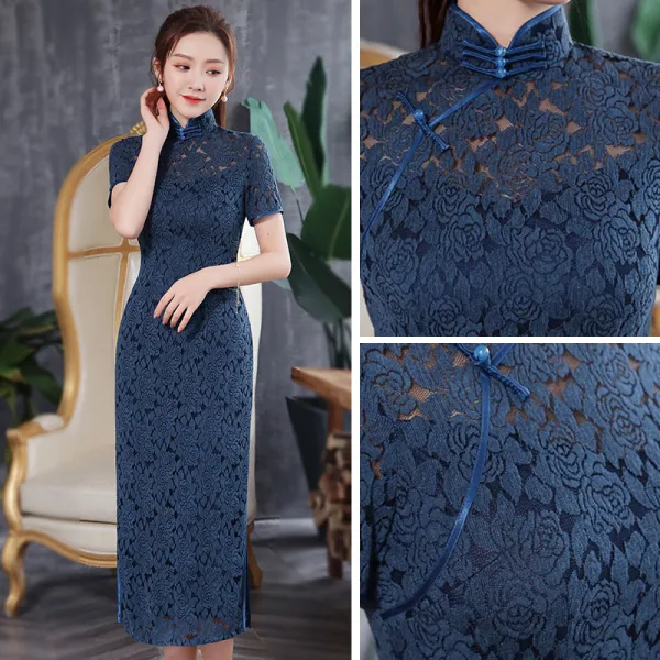 Veaul Chinese Style Navy Blue Lace Cheongsam Qipao 2020 High Neck Short Sleeve Tea Length