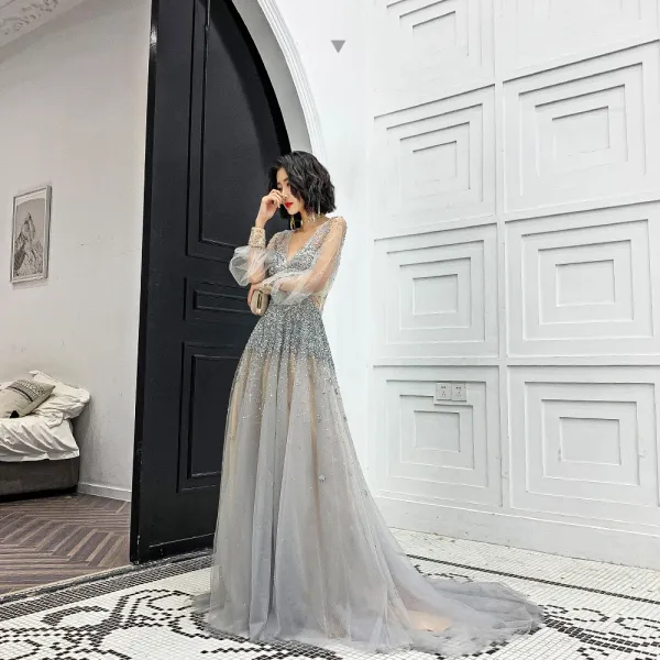Charming Champagne Grey See-through Evening Dresses  2020 A-Line / Princess Deep V-Neck Puffy Long Sleeve Handmade  Beading Court Train Ruffle Backless Formal Dresses