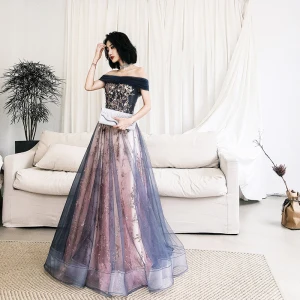 Chic Belle Bleu Marine Robe De Soirée 2020 Princesse De L 039 Épaule Manches Courtes Appliques Paillettes Perlage Longue Volants Dos Nu Robe De Ceremonie
