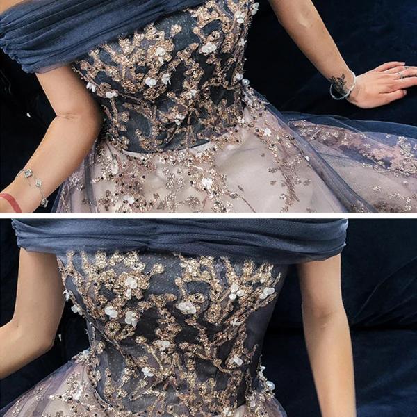 Schöne Marineblau Abendkleider 2020 A Linie Off Shoulder Kurze Ärmel Applikationen Pailletten Perlenstickerei Lange Rüschen Rückenfreies Festliche Kleider