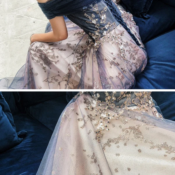 Schöne Marineblau Abendkleider 2020 A Linie Off Shoulder Kurze Ärmel Applikationen Pailletten Perlenstickerei Lange Rüschen Rückenfreies Festliche Kleider