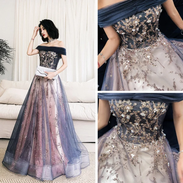Schöne Marineblau Abendkleider 2020 A Linie Off Shoulder Kurze Ärmel Applikationen Pailletten Perlenstickerei Lange Rüschen Rückenfreies Festliche Kleider