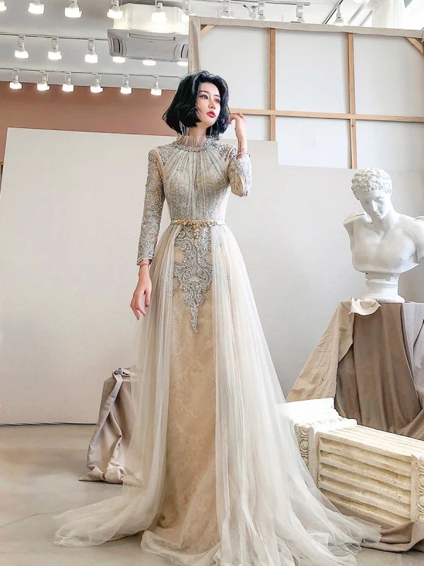 High-end Champagne See-through Evening Dresses 2020 A-Line Princess High Neck Long Lace