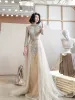 High-end Champagne See-through Evening Dresses  2020 A-Line / Princess High Neck Long Sleeve Appliques Lace Beading Sash Sweep Train Ruffle Formal Dresses