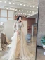 High-end Champagne See-through Evening Dresses  2020 A-Line / Princess High Neck Long Sleeve Appliques Lace Beading Sash Sweep Train Ruffle Formal Dresses