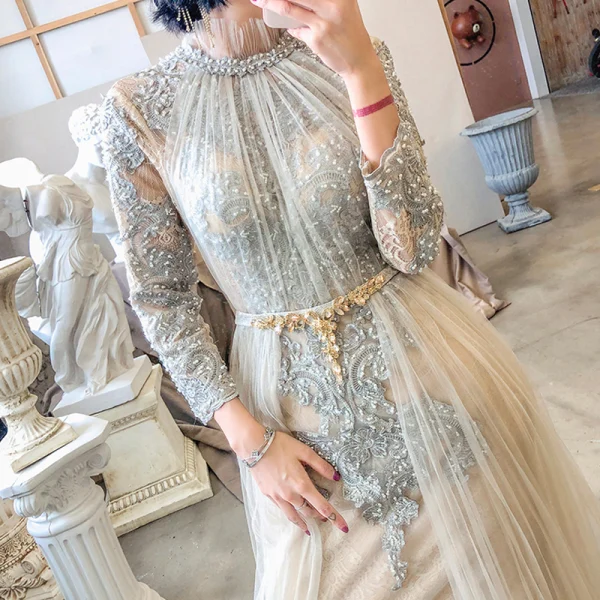 High-end Champagne See-through Evening Dresses 2020 A-Line / Princess High Neck Long Sleeve Appliques Lace Beading Sash Sweep Train Ruffle Formal Dresses