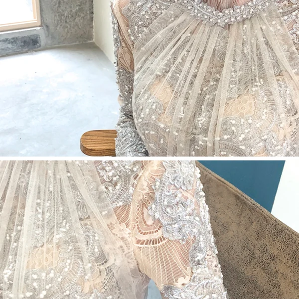 High-end Champagne See-through Evening Dresses 2020 A-Line / Princess High Neck Long Sleeve Appliques Lace Beading Sash Sweep Train Ruffle Formal Dresses