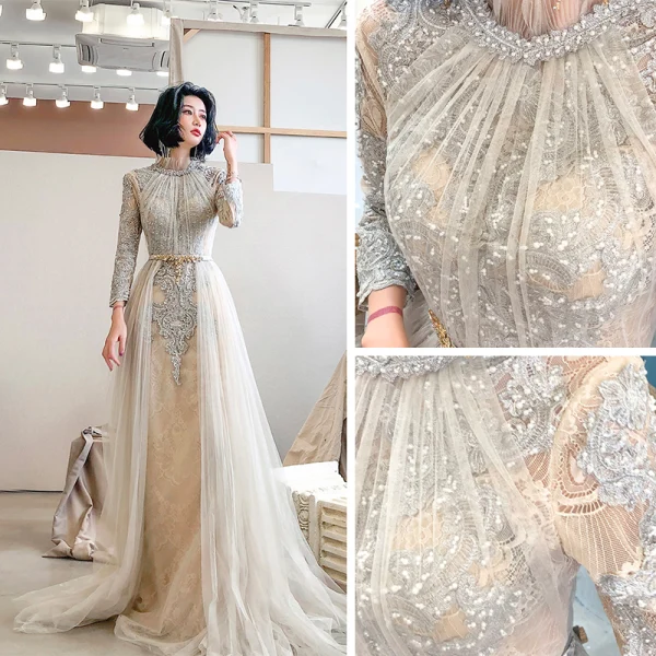 High-end Champagne See-through Evening Dresses 2020 A-Line / Princess High Neck Long Sleeve Appliques Lace Beading Sash Sweep Train Ruffle Formal Dresses