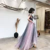 Elegant Blushing Pink Navy Blue Evening Dresses  2020 A-Line / Princess Shoulders Sleeveless Glitter Tulle Floor-Length / Long Ruffle Backless Formal Dresses