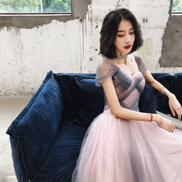 Elegant Blushing Pink Navy Blue Evening Dresses 2020 A-Line / Princess Shoulders Sleeveless Glitter Tulle Floor-Length / Long Ruffle Backless Formal Elegant Blushing Pink Navy Blue Evening Dresses 2020 A-Line / Princess Shoulders Sleeveless Glitter Tulle Floor-Length / Long Ruffle Backless Formal