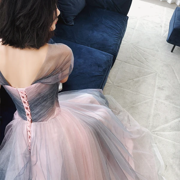 Elegante Rosa Marineblau Abendkleider 2020 A Linie Schultern Ärmellos Glanz Tülle Lange Rüschen Rückenfreies Festliche Kleider