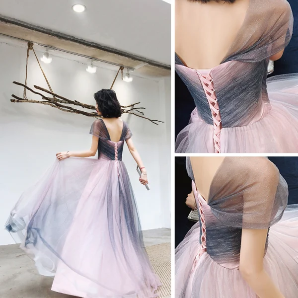 Elegante Rosa Marineblau Abendkleider 2020 A Linie Schultern Ärmellos Glanz Tülle Lange Rüschen Rückenfreies Festliche Kleider