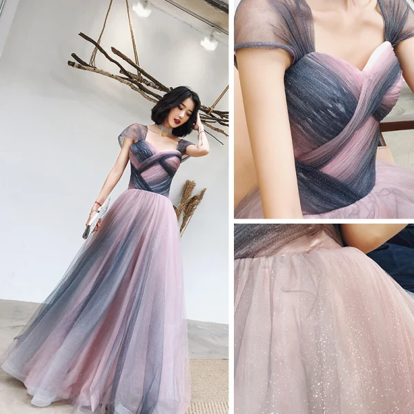 Elegante Rosa Marineblau Abendkleider 2020 A Linie Schultern Ärmellos Glanz Tülle Lange Rüschen Rückenfreies Festliche Kleider