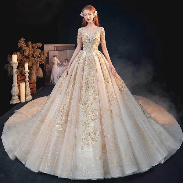 Luxury / Gorgeous Gold Bridal Wedding Dresses 2020 A-Line / Princess V-Neck Short Sleeve Backless Appliques Sequins Beading Glitter Tulle Cathedral