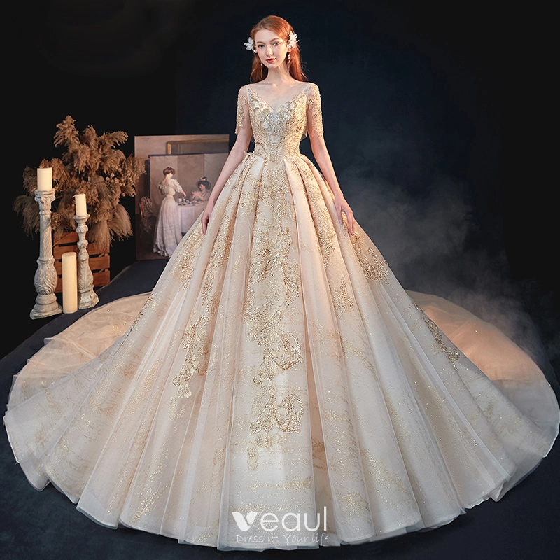 Luxury / Gorgeous Gold Bridal Wedding Dresses 2020 A-Line / Princess V-Neck Short Sleeve Backless Appliques Sequins Beading Glitter Tulle Cathedral