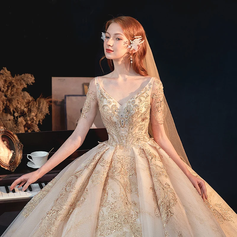 Luxury Gorgeous Gold Bridal Wedding Dresses 2020 A Line Princess V Neck  Short Sleeve Backless Appliques Sequins Beading Glitter Tulle Cathedral  Train Ruffle