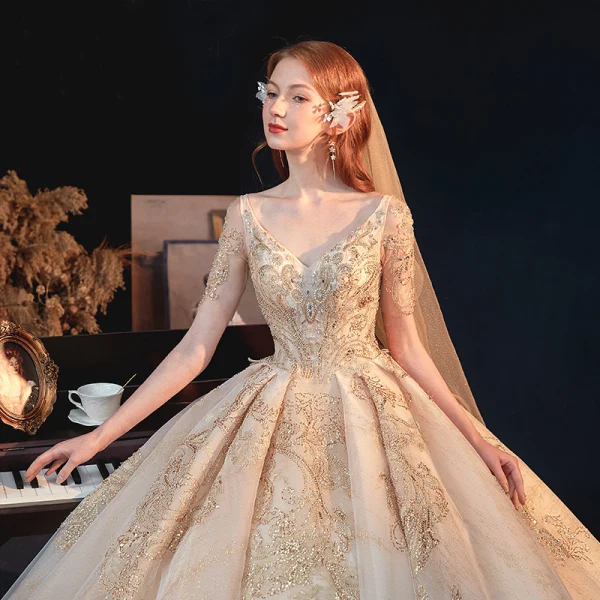 Luxury / Gorgeous Gold Bridal Wedding Dresses 2020 A-Line / Princess V-Neck Short Sleeve Backless Appliques Sequins Beading Glitter Tulle Cathedral Train Ruffle